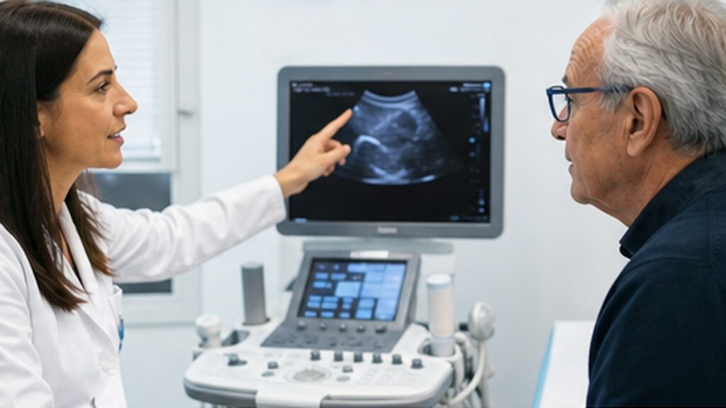Consulta médica realista con especialista y paciente para ilustrar el artículo: FibroScan en Alicante: qué es y cuándo merece la pena hacerlo