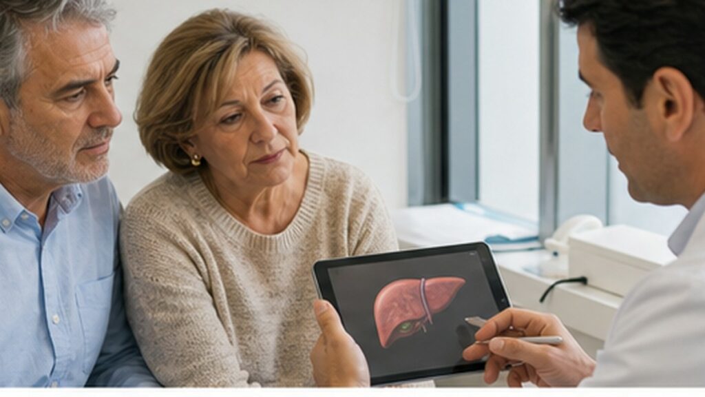 Consulta médica realista con especialista y paciente para ilustrar el artículo: Hígado graso y fibrosis: por qué no significan lo mismo