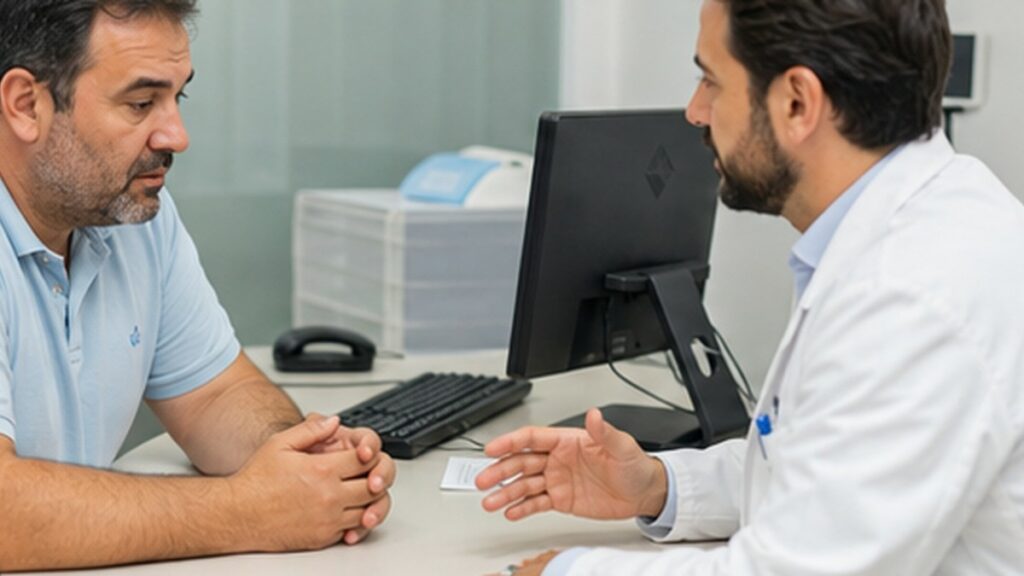 Consulta médica realista con especialista y paciente para ilustrar el artículo: Hígado graso, obesidad y diabetes: una relación que conviene vigilar