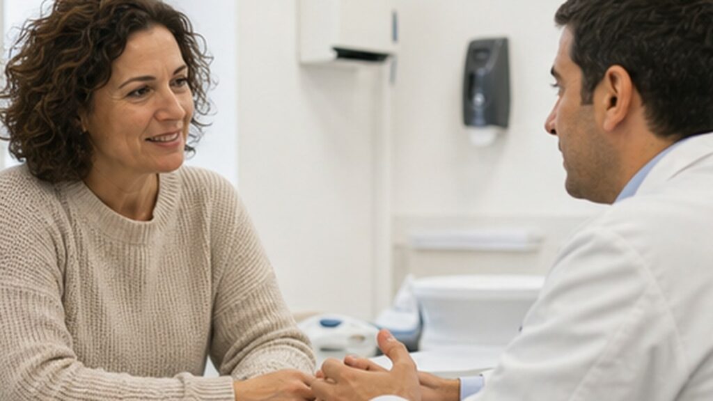 Consulta médica realista con especialista y paciente para ilustrar el artículo: ¿El hígado graso se cura? Tratamiento y seguimiento médico